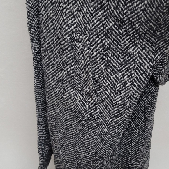 80s Vintage Black Gray Herringbone Wool Balloon Sleeve Longline Trench Coat XL - Picture 9 of 13